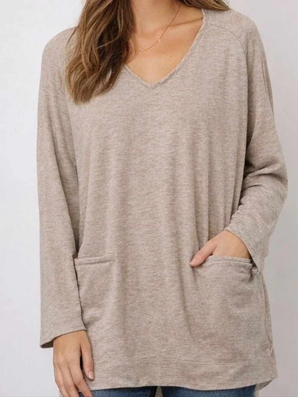 J.Jill 4X Taupe Knit Tunic Top V-Neck Long Sleeve Pockets Plus Size Relaxed - Picture 1 of 6